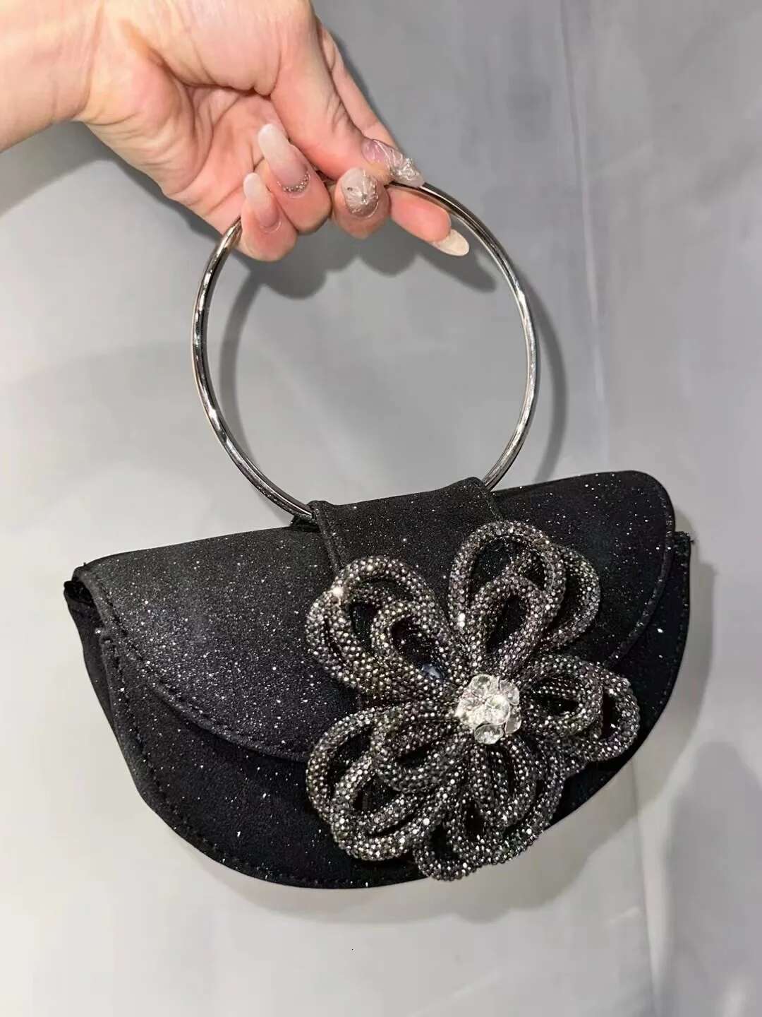 Metal Ring Handle Half Moon Glitter Shiny Evening Women's Handbag Wedding Party Clutch Purse Shoulder Crossbody Bag