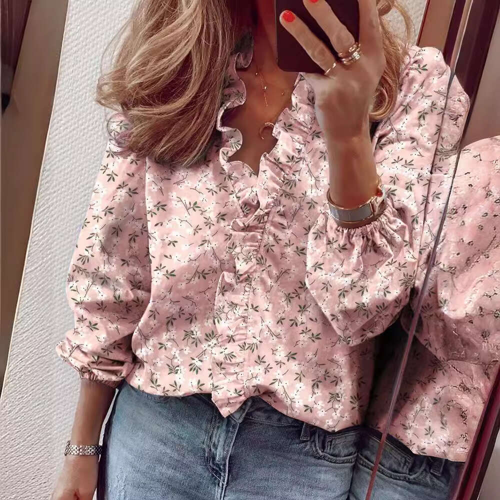 Spring Summer New European and American Long Sleeve Ruffle Edge Women's Shirt 2025 temperament versatile new trendy clothing ins