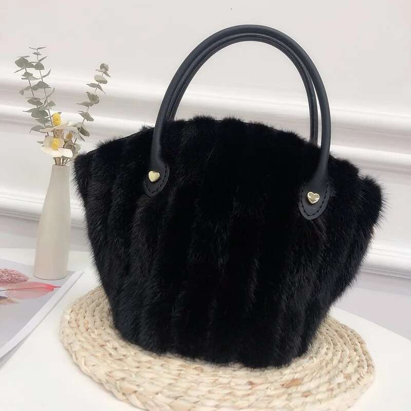 Mink Real Fur Bucket Women's Crossbody Shoulder Fashion Plush Handheld Ladies Shell Clutch Bag