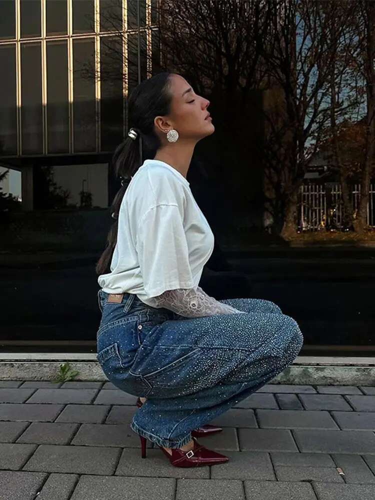 Street Rhie Gradient Blue Women's Jeans High Waist Basic All-Match Wide Leg Trousers Casual Female Commuting Streetwear