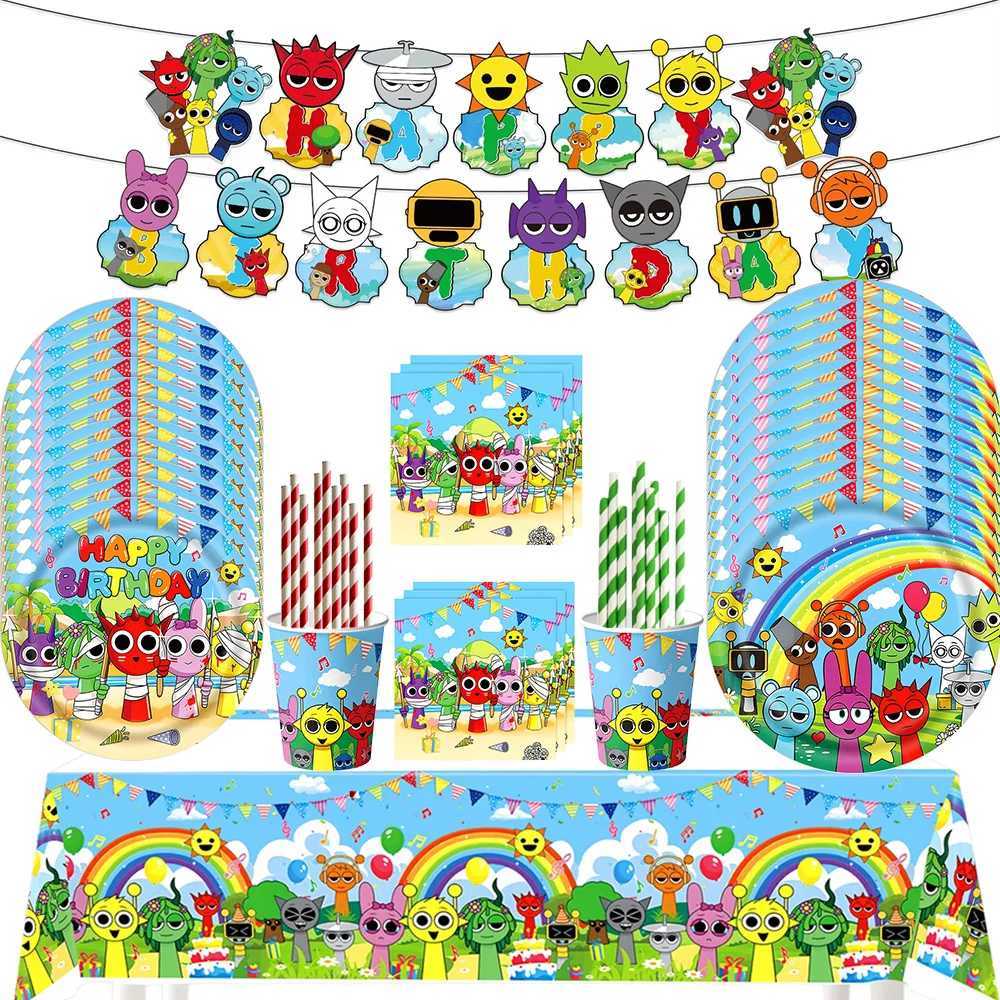 Incrediblebox Birthday Party Decoration Incrediblebox Sprunki Theme Disposable Party Plate Tablecloth Latex Balloon Baby Shower Supplies X250318