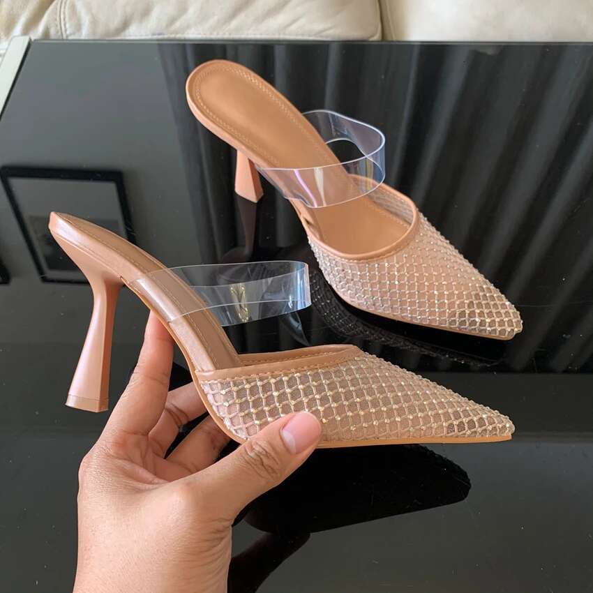 Woman Sandal Sexy Rhies Mesh Pointed Toe Sgback Brand Elegant Party High Heels Shoes For Lady Summer Footwear