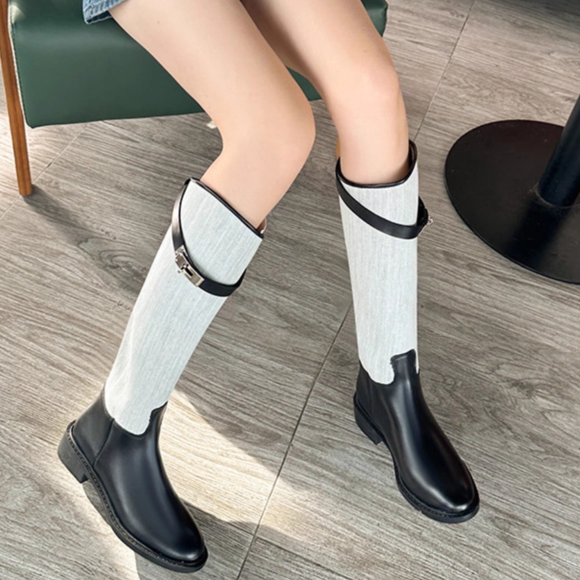 women's New danxuefei leather canvas patchwork pointed toe slip-on knee high 2023 autumn new long boots shoes d0fc