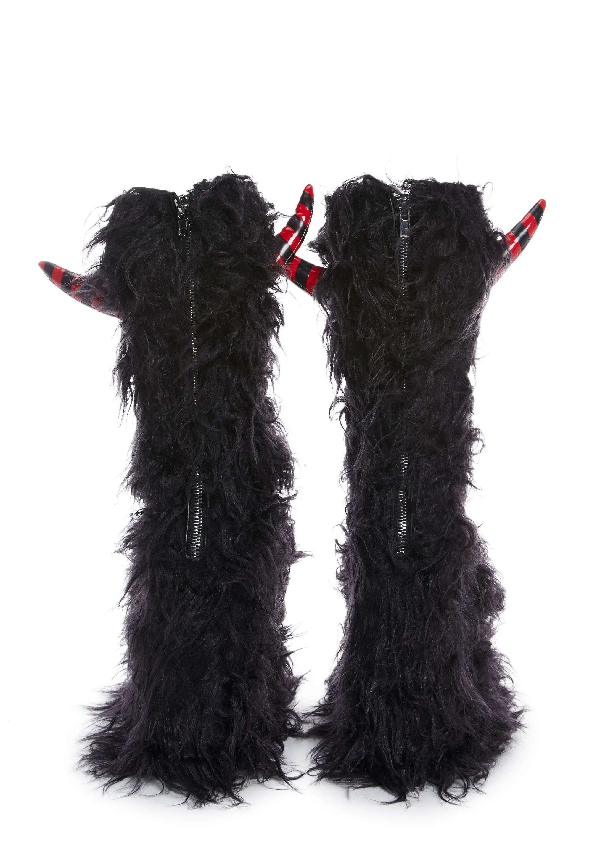 Black Fur Demon Platform Wedges Heeled Short Boots Cute Lolita Cosplay Women's Y2k Designer High Heels Boot Big Size Shoes