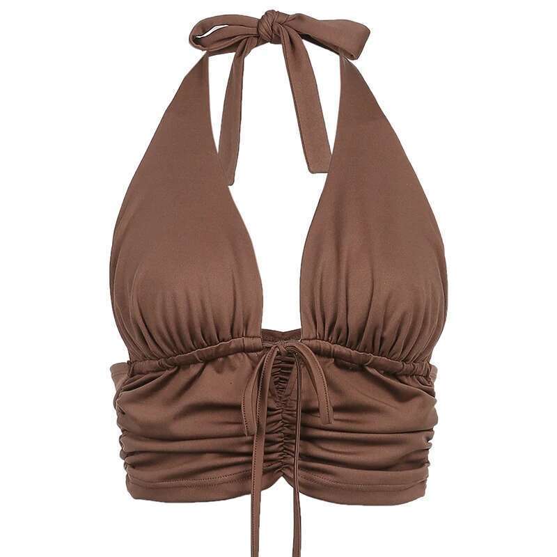 Brown Summer Y2K Camis Ruched Tie Up Crop Haruku Tank Top Backless Halter Cute Tops Tees Women Party Beach Sweat Female