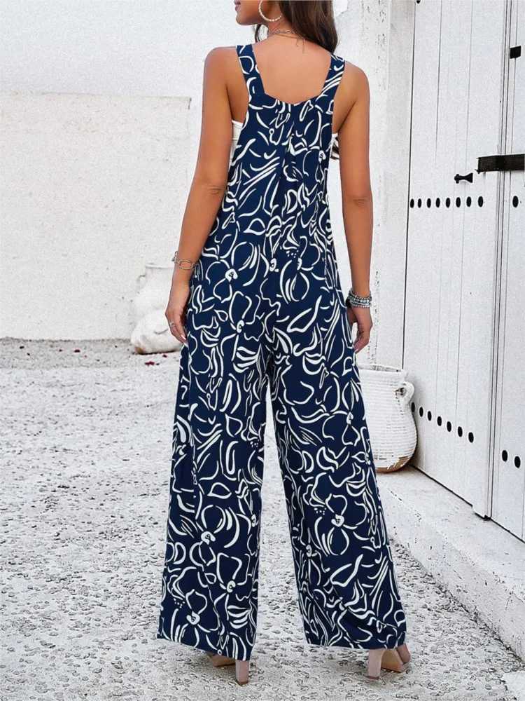 Womens clothing spring and summer new fashion button sexy strapless sling printed casual waistband pocket jumpsuit X250318