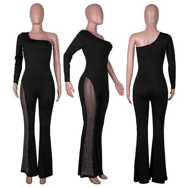 Fashionable half shoulder jumpsuit elegant long Slve mesh splicing rhinestone ultra-thin jumpsuit X250318