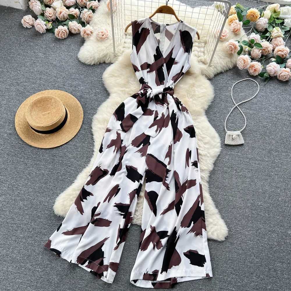 Women Summer Fashion Print Jumpsuits V-neck Slveless Romper Waistband Jumpsuits Euro Style Ladies Loose Leg Pants Overalls X250318