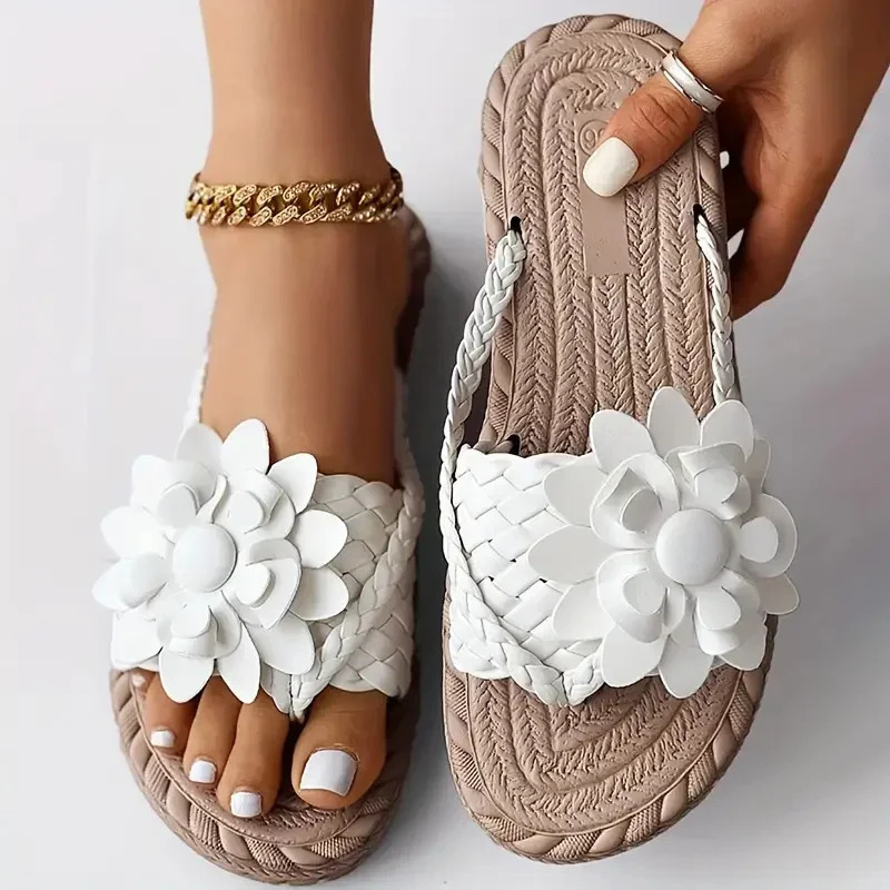 Women Slippers Fashion Casual Slippers Vacation Holiday Braided Floral Pattern Sandals Toe Post Beach Flip Flops Slides Women 250318