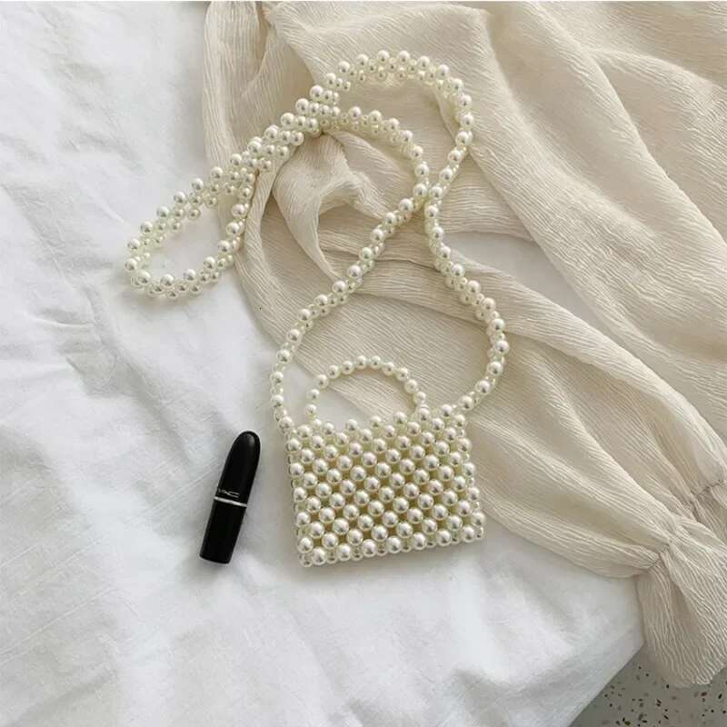 Fashion Hand-Beaded All-Match Mini Retro Pearl Beaded White Color Crossbody Bag Female Party Wedding Dress Clutches