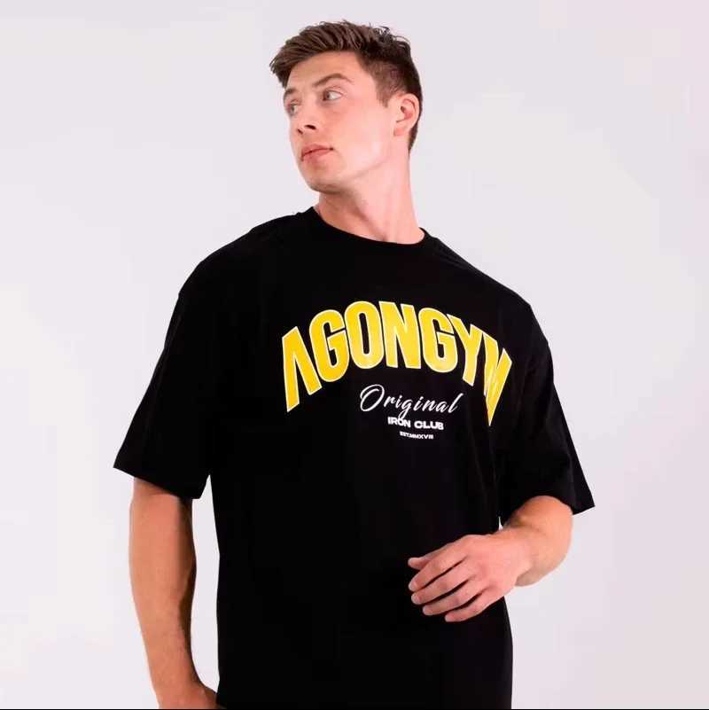 Gym Fitness Gym Bodybuilding Oversized Loose T-shirt Cotton Mens Muscle Short Sleeve Gym Mens Running Exercise T-shirt TopT250318