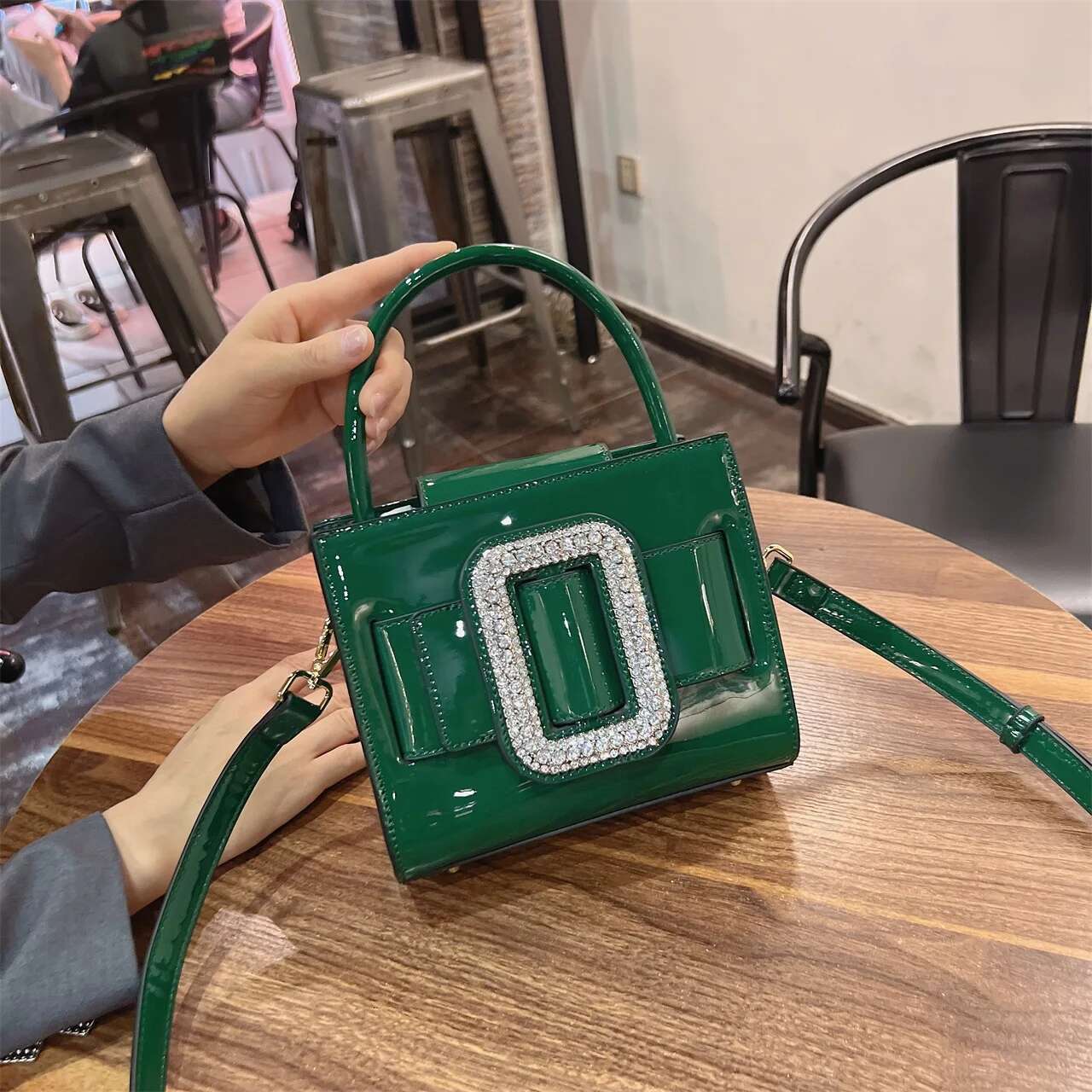 Designer Patent Leather Square Women's Handbag Rhie Dia Buckle Purse Evening Shoulder Crossbody Bag