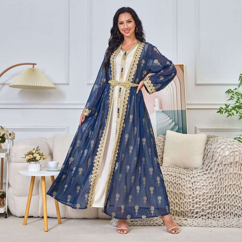 Mt029 Arab Clothing Robe Embroidered Cardigan Vest Two-Piece Set Dress
