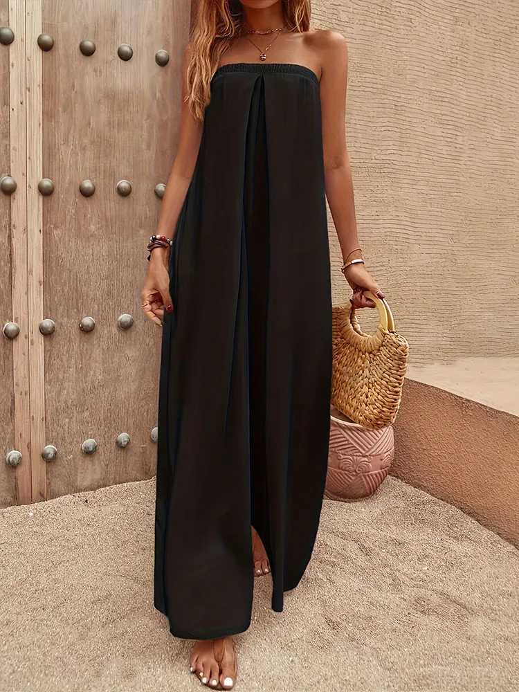 Fashion casual womens solid black bag corset strapless jumpsuit wide leg pants single line womens summer outfit X250318