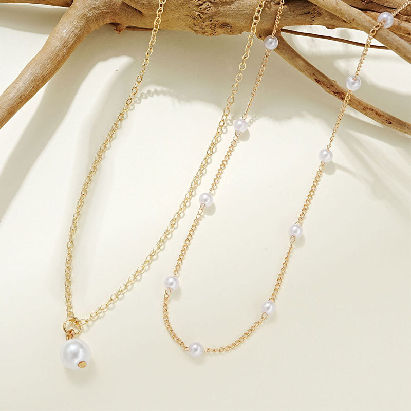 Imitation Pearl Chain Pendant Double Necklace Women's Artificial Pearl Multi-layer Choker Collarbone Chain Jewelry