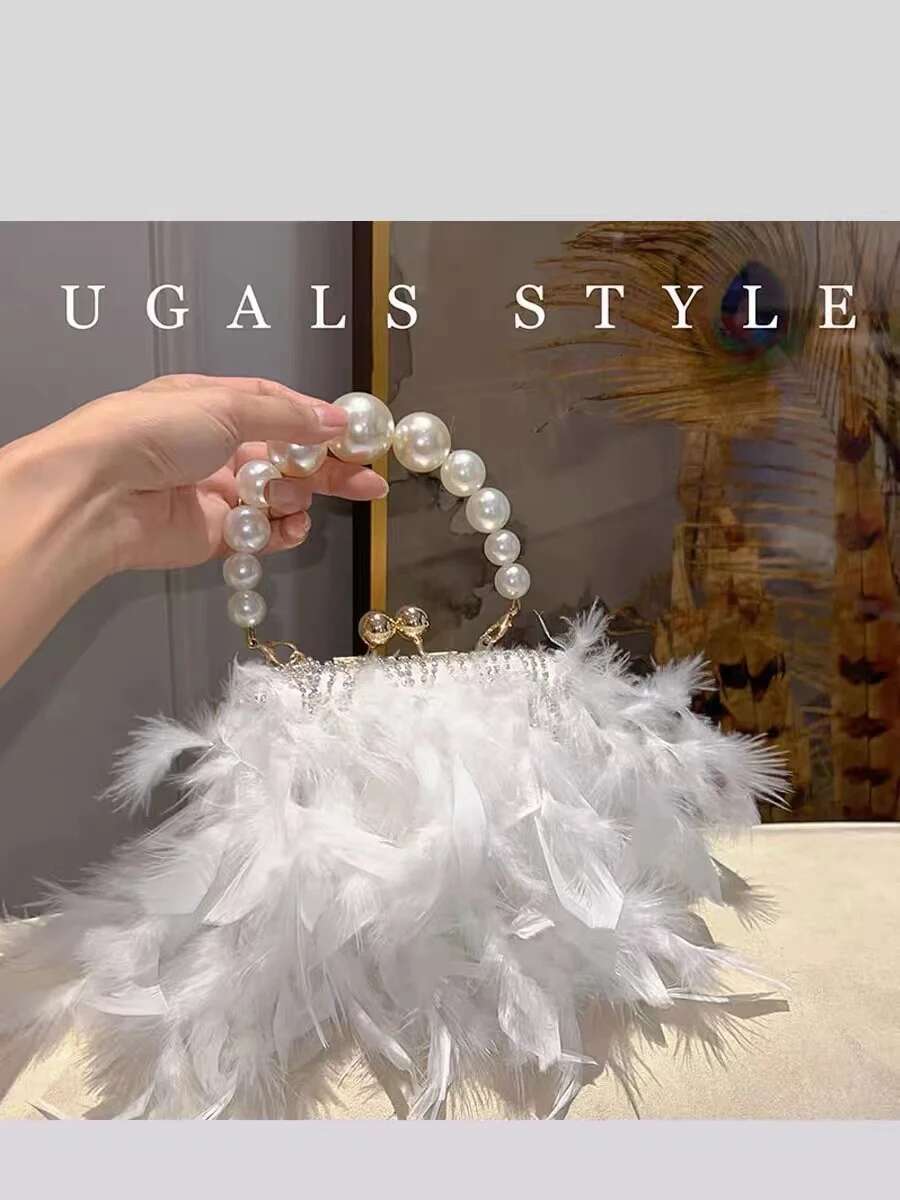 Designer Ostrich Hair Evening Pearl Beading Handle Women's Handbag Wedding Party Clutch Purse Fashion Shoulder Bag
