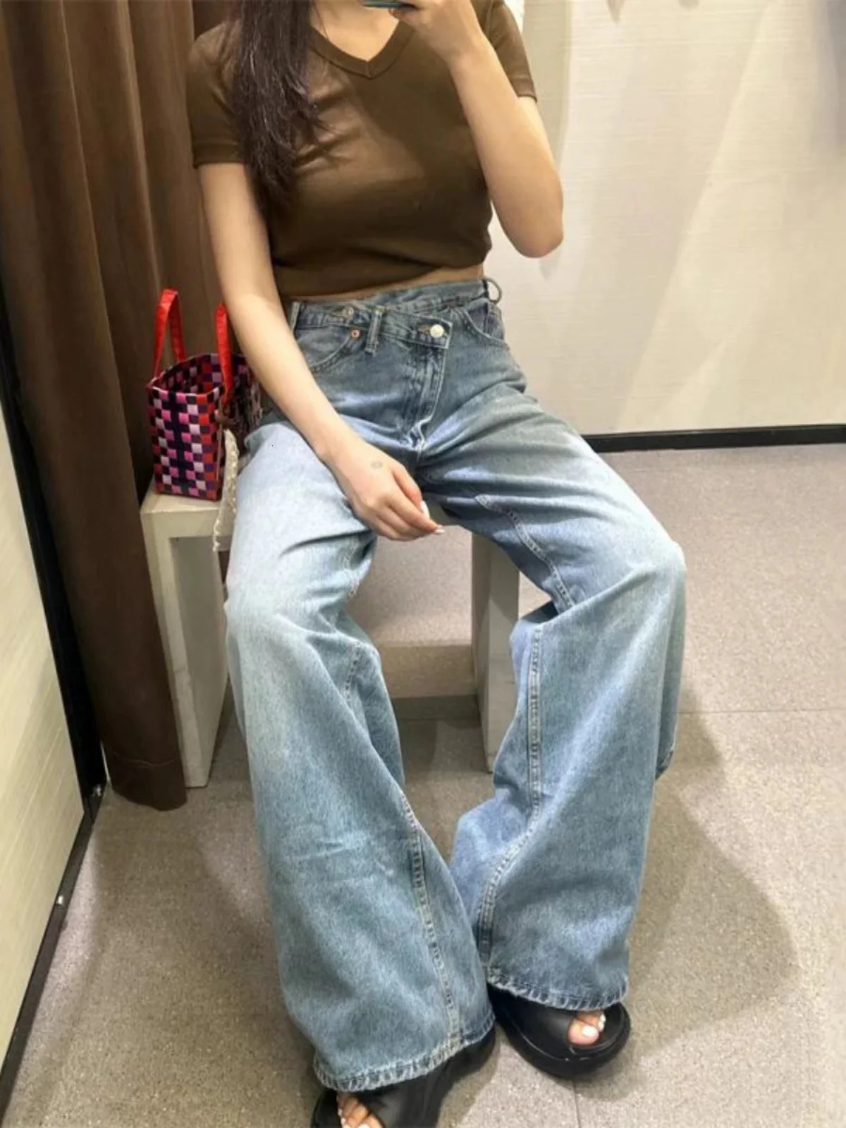 ETJ Womens Basic Classic Full Match Fashion Cross Waist High TRAF Wide Leg Jeans 8197232 250317