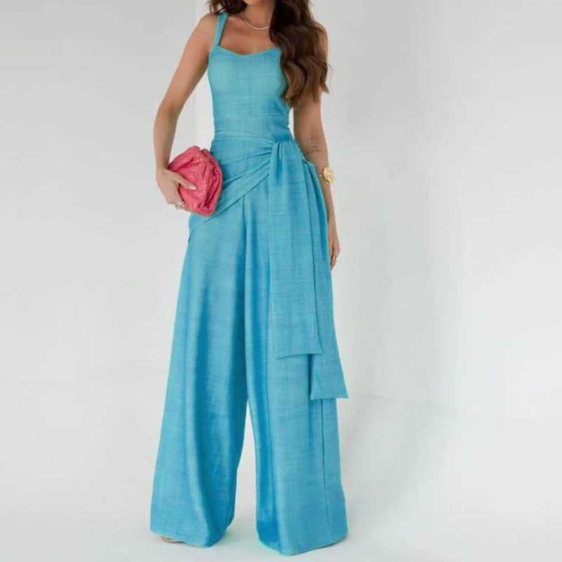 Office Fashion Waist Lace-up Long Jumpsuits Women Elegant Slveless Solid Party Rompers Summer Casual Loose Playsuits Overalls X250318