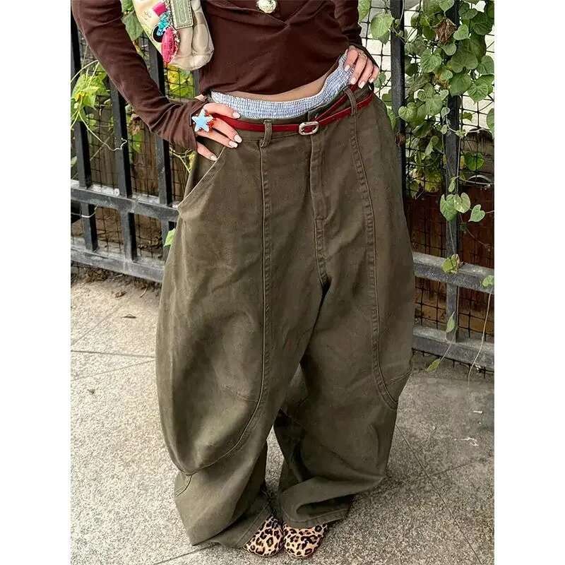 Deeptown Y2k Vintage Washed Women Jeans Haruku Scimitar Wide Leg American Retro Denim Pants Baggy High Waisted Trousers Gyaru