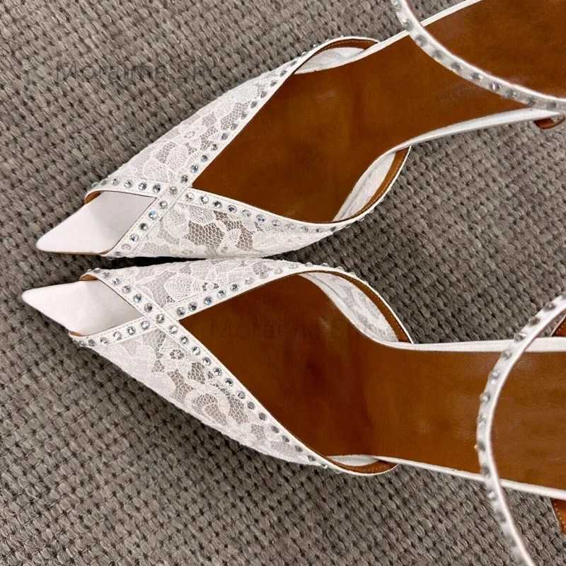 Lace embroidered high-heeled sandals used for angular toes leather toes summer shoes buckle straps thin high heels black and white shoes Y250317