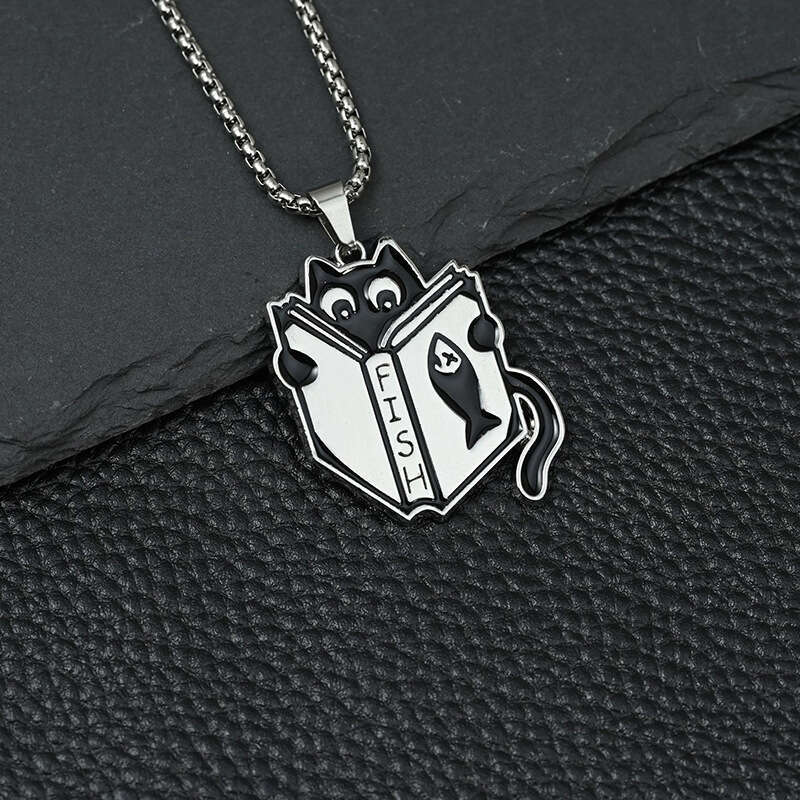 FISH Reading Necklace Stainless Steel Ins Small and Minimally Creative Learning Little Black Cat Cute Pendant