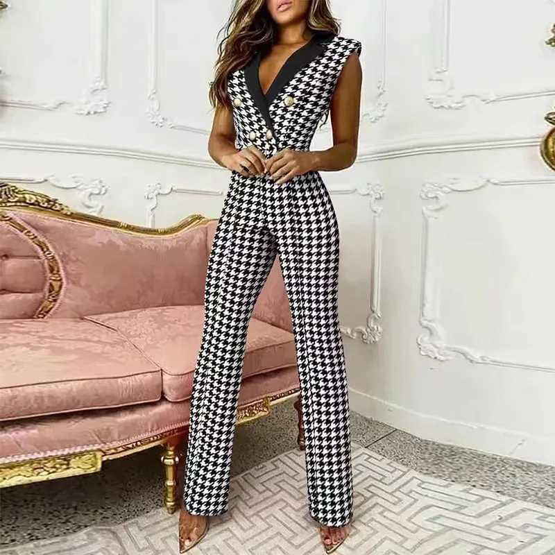 Office Lady Slveless Jumpsuit Fashion Houndstooth Print Dp V-Neck Button Straight Jumpsuit Summer New Elegant Commuting X2503181