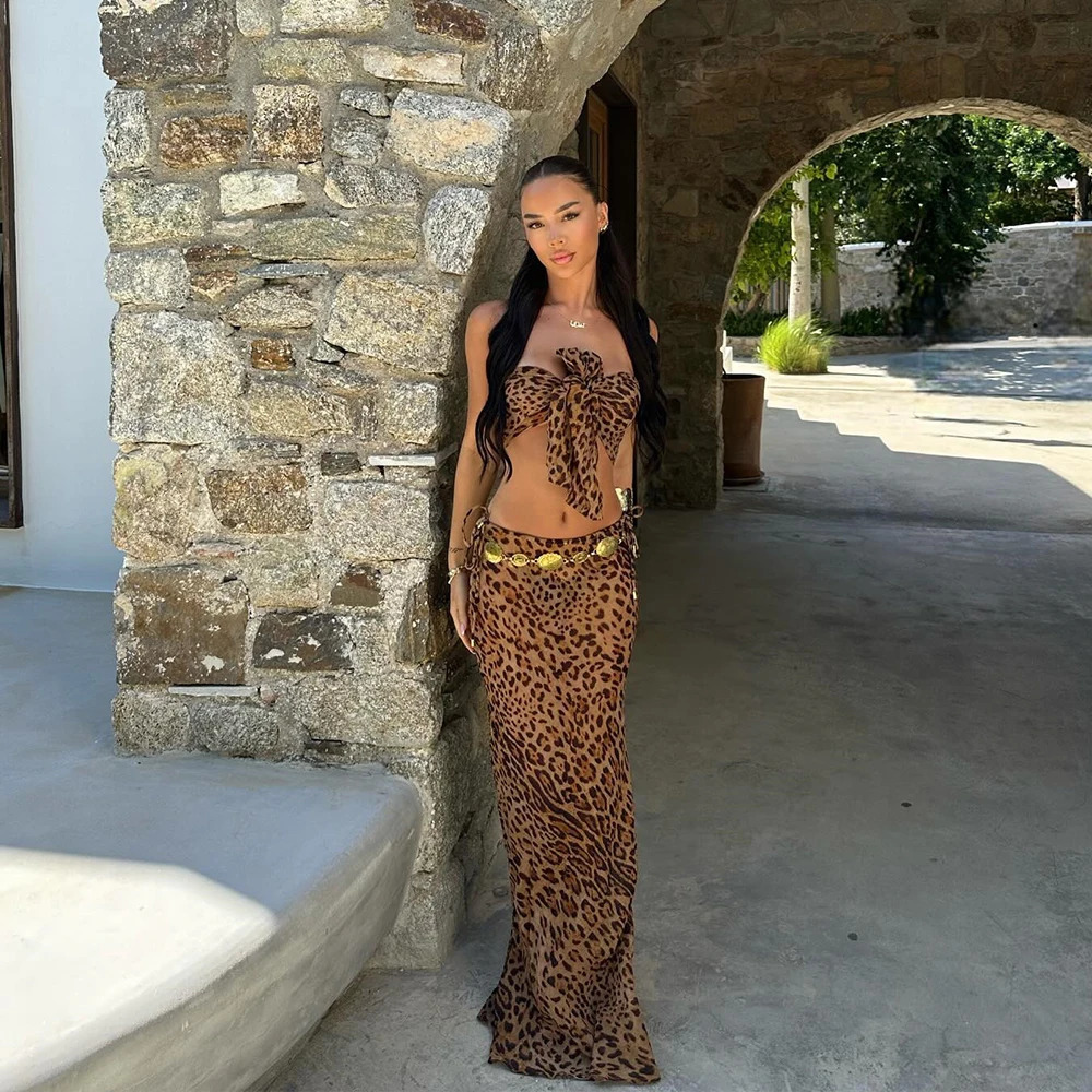 3 Pieces Leopard Bow Bikini Set 2025 Sexy Women Swimsuit Long Skirt Female Swimwear Brazil Bathing Suit Beachwear Cover Ups 250318