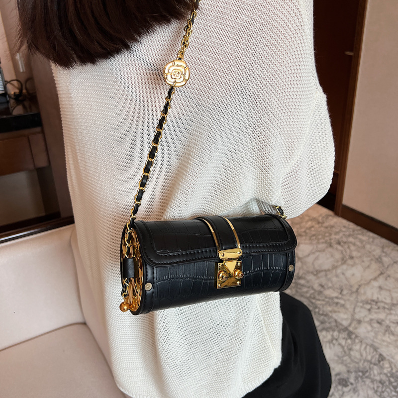 New Fashion Designer Trendy Handbag Crocodile Pattern Cylindrical High Quality Crossbody Bag Women Small Buckle Shoulder Bag Golden Ball Chain Leisure