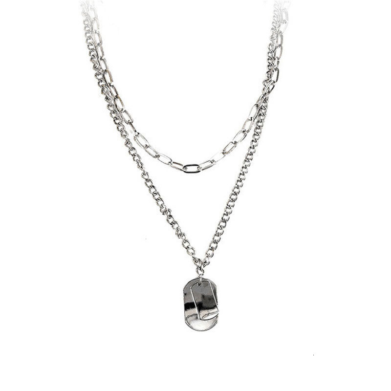 Long Military Pendant Double Necklace Men's And Women's Titanium Steel Pendant Sweater Chain Jewelry