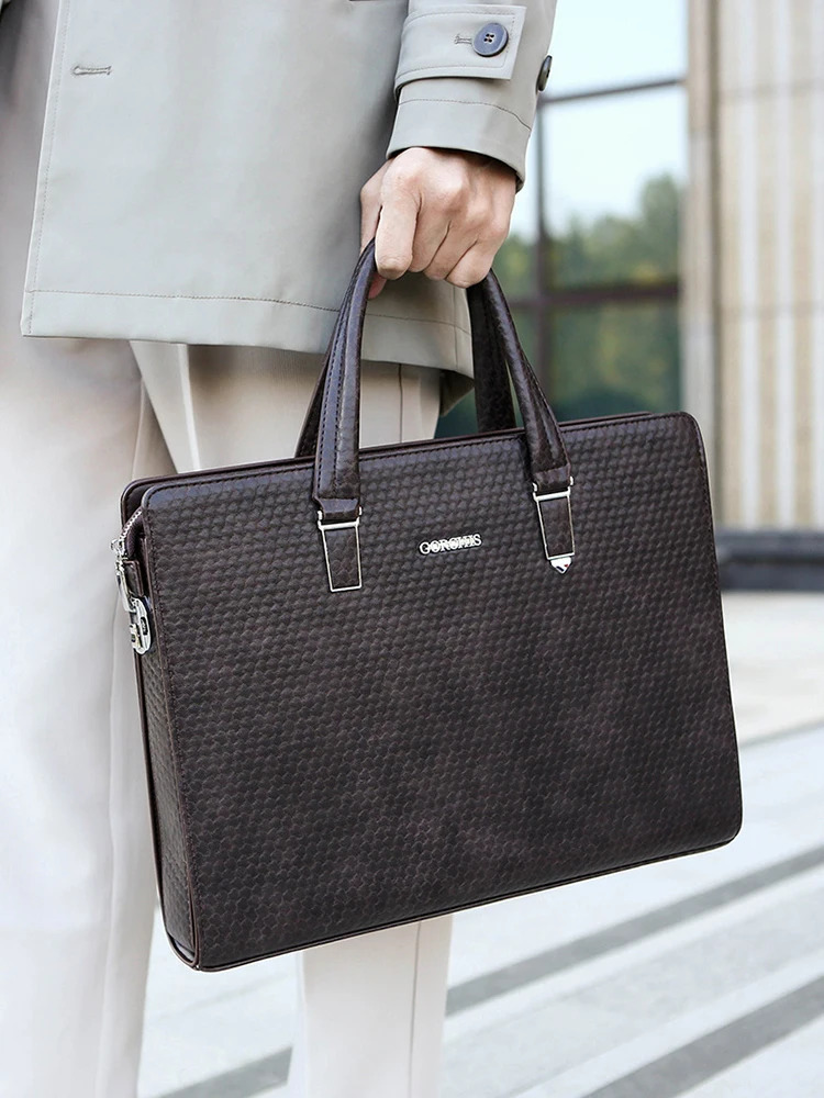 mens briefcase PU leather high-quality administrative document office shoulder investment portfolio large capacity business side bag 250317