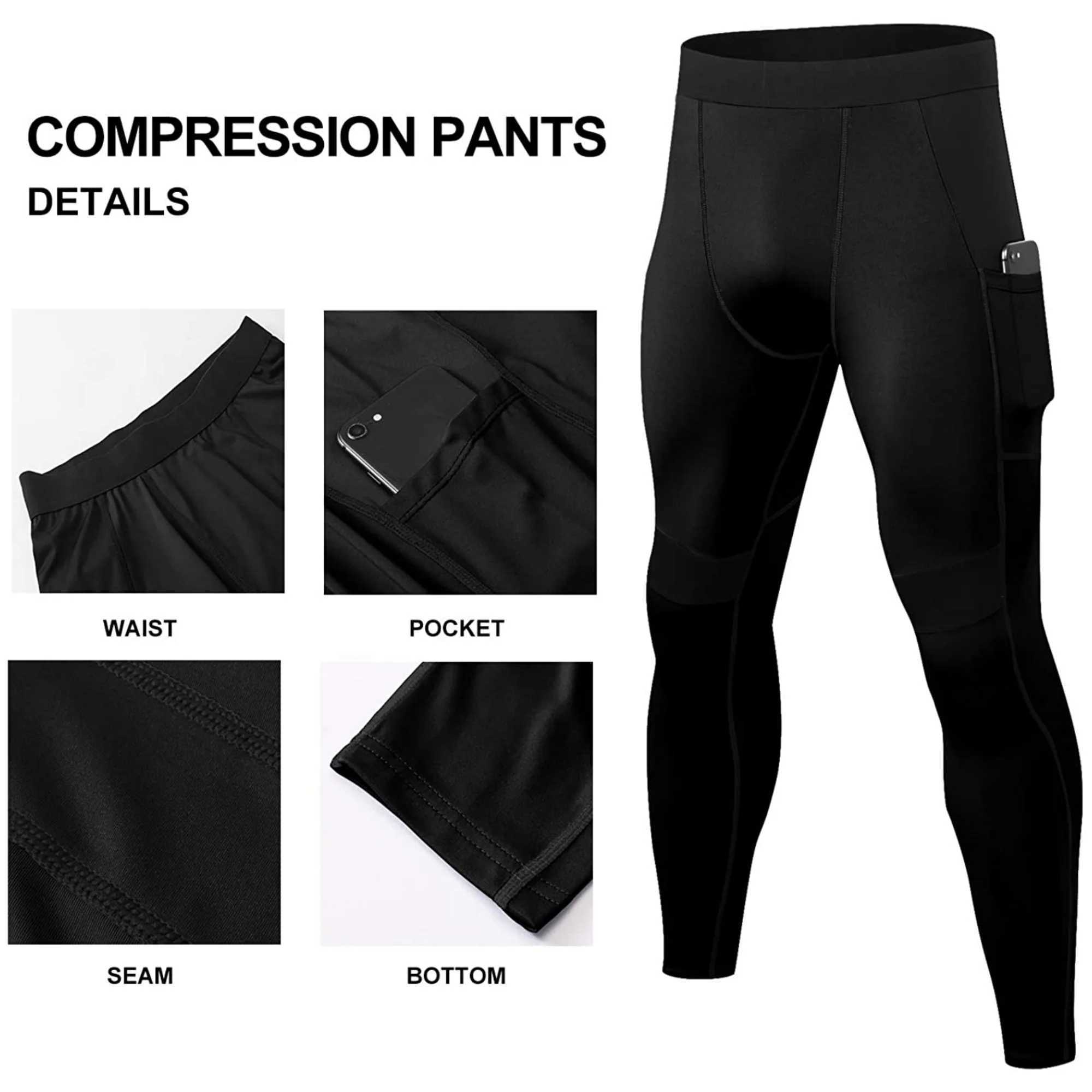 Mens compression pants with pockets exercise legs run tight cool and dry workout gym W250318