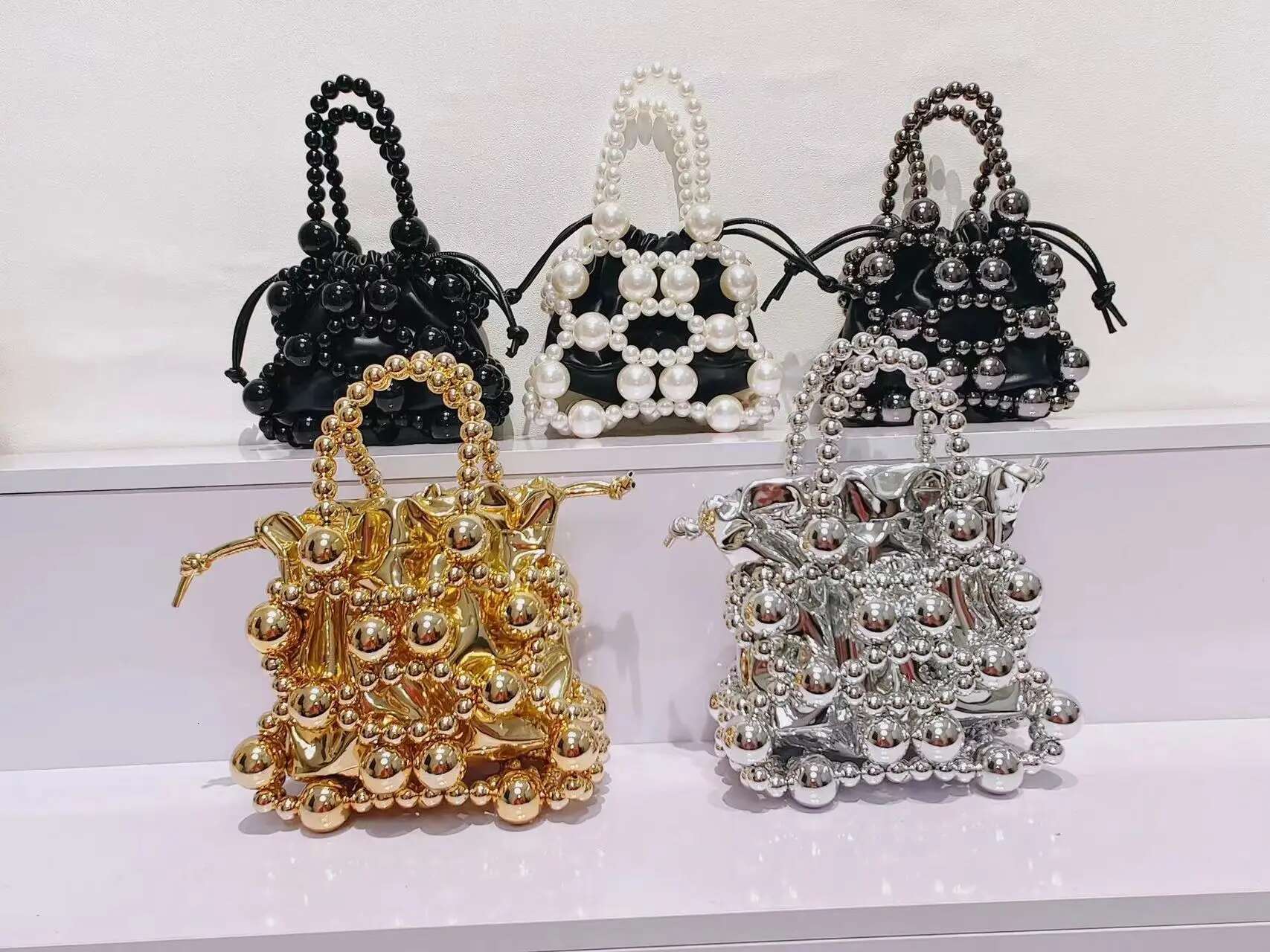 Beads Beading Handmade Women's Handbag String Pocket Bucket Fashion Evening Wedding Clutch Purse Shoulder Bag