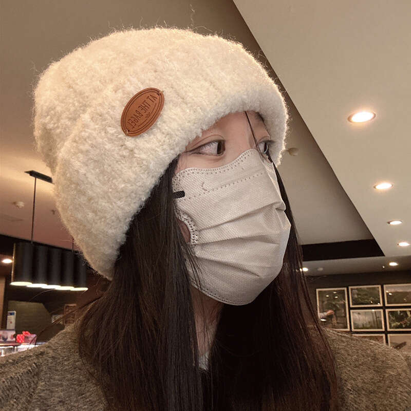Knitted yarn for women in autumn and winter, Korean fashion trend brand, warm label, solid color, cold hat with a head cover