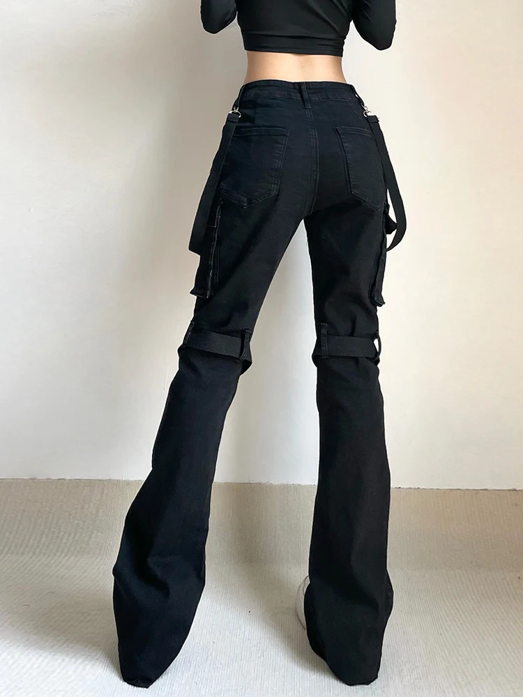 IAMSURE punk style large pocket jeans Gothic casual slim fit low waist flame pants womens springsummer clothing 250317