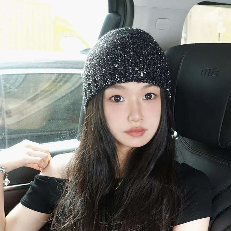 Zhao Lusi's same dark bow sequin knitted cold Korean version early autumn small fragrance style spicy girl headband hat