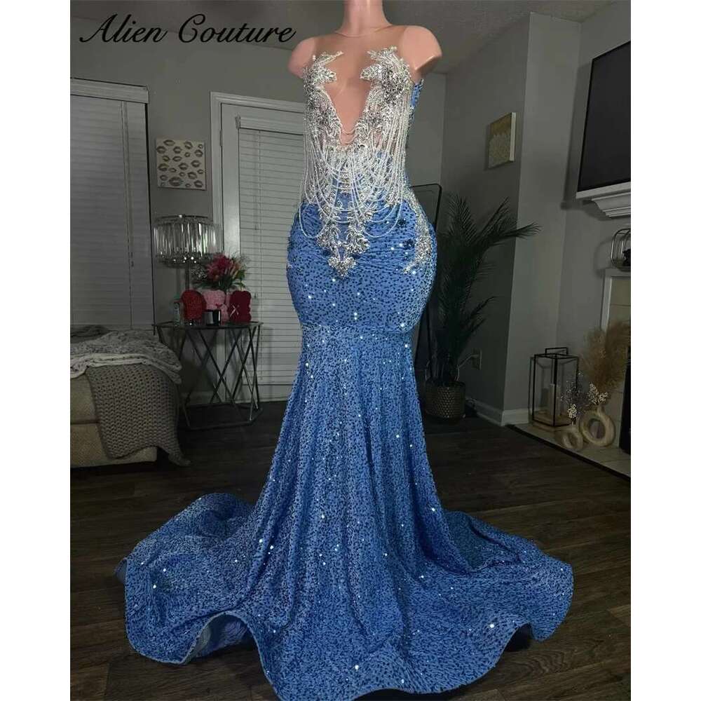 Blue Sequins Mermaid Prom Dresses Elegant Or-Length Glitter Beading Crystals Pearls Tassels Birthday Gown Customized Dr0318