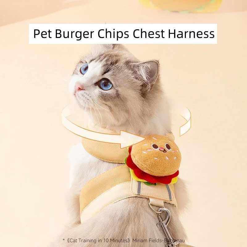 Pet chest harness with rope suitable for cats and dogs cartoon burger chip design walking rope escape vest cat collarT250318