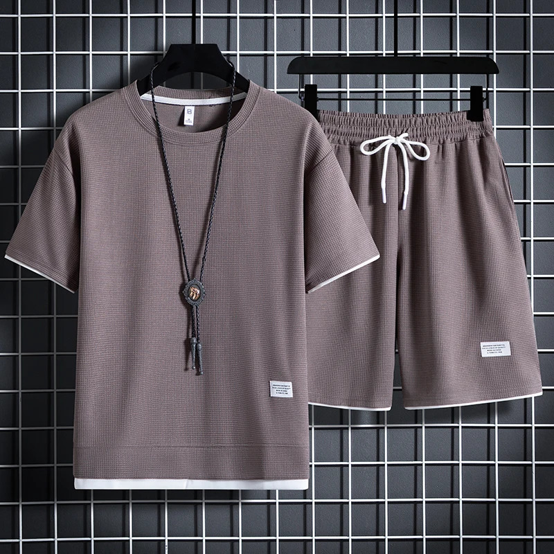 Summer Mens Waffle Sets Casual T-Shirt And Shorts Set Male Sports Suit Solid Color Tracksuit Loose Suits Size 3XL 250318