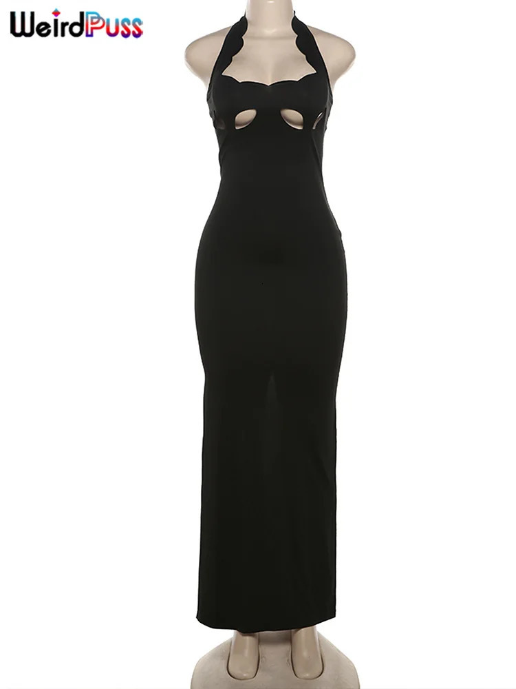 Weird Puss Hollow Sexy Party Dress Women Summer Backless Halter Sleeveless Solid Bodycon Back Split Stretch Midnight Vestidos 250318