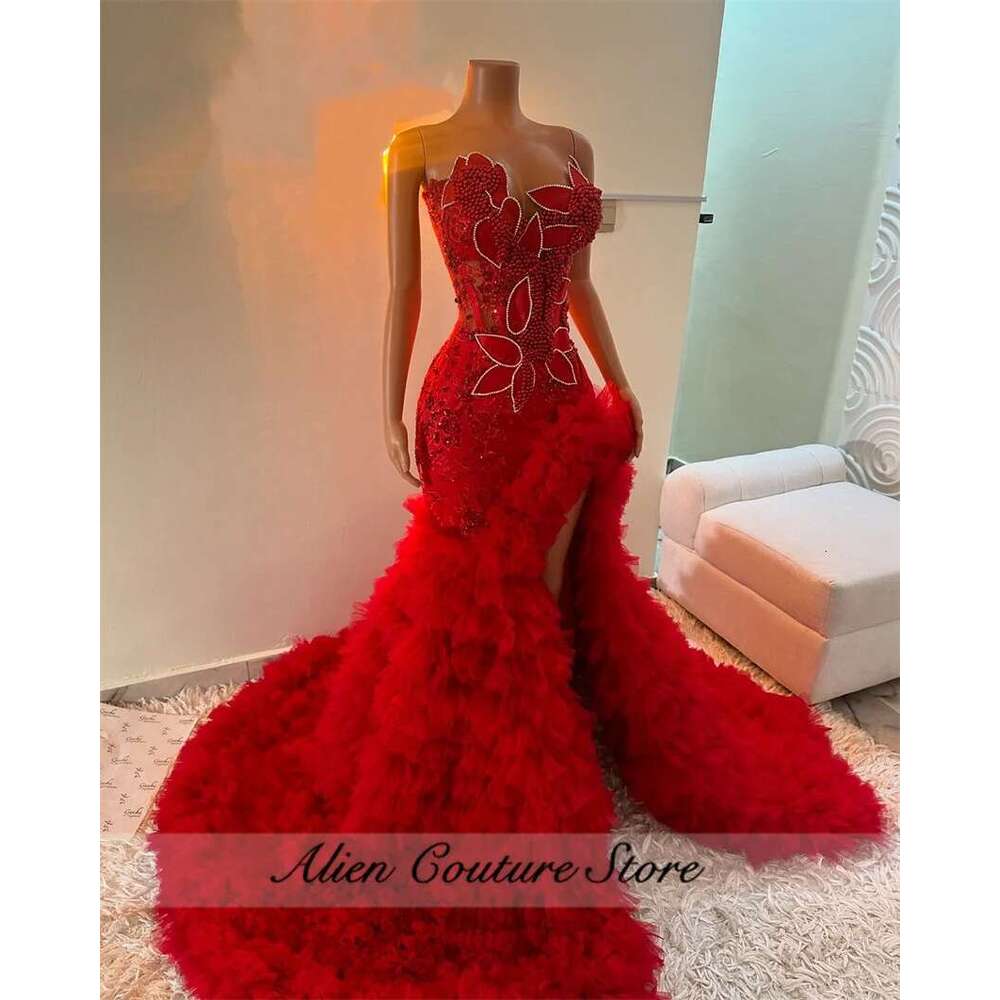 Red Mermaid Prom Dresses Party Vestidos Sweetheart Sparkly Crystal Dias Ruffles Tiered Evening Gown Customized Dr0318