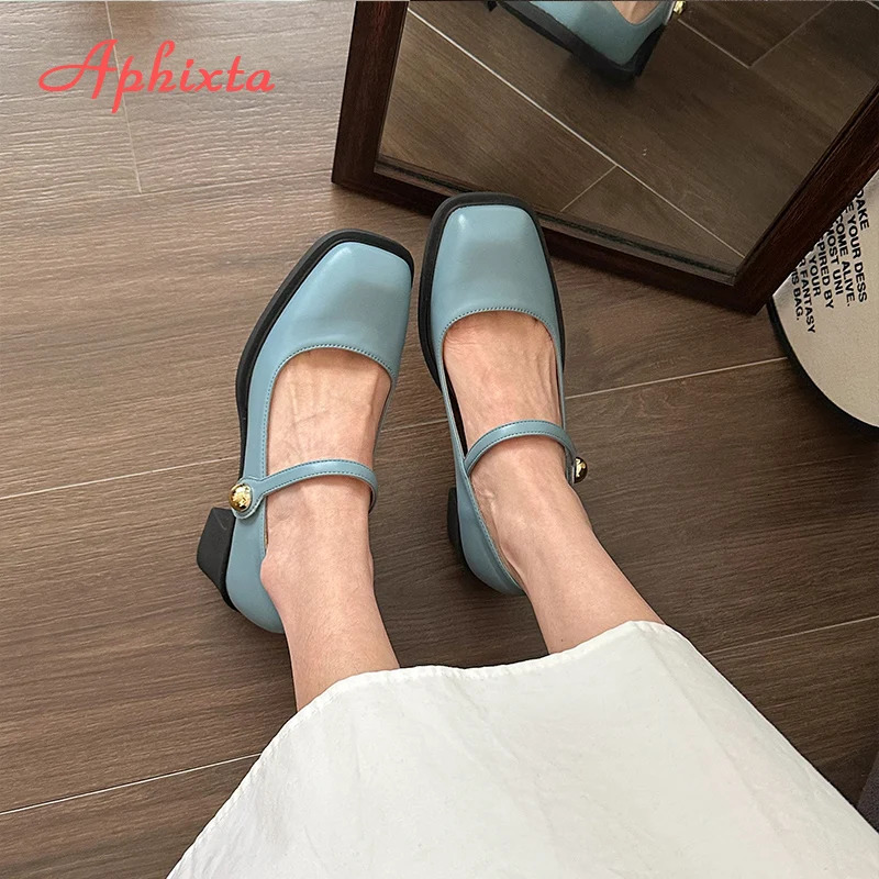 Aphixta Low Heels Mary Janes Square Heels Patent Leather Pumps Shoes Woman Classics Dress Official Pumps Party Plus Size 43 250318