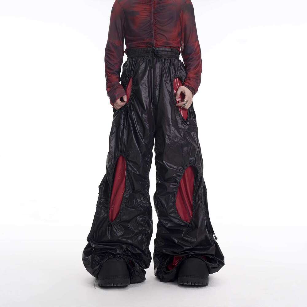Men's Clothing Leather Pants Uniquely Folded Hollow Drawstring Casual For Men In Spring, New Splicing Color Blocking Stacking Wide Leg Or Pants