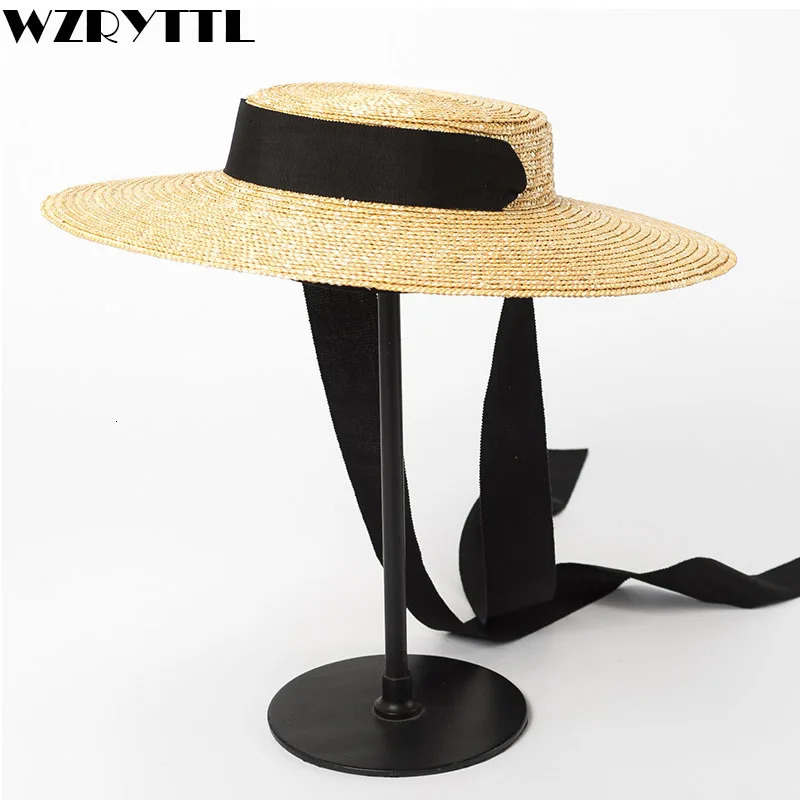 Wide Brim Boater Hat 10cm 15cm Brim Straw Hat Flat Women Summer Derby Hat White Black Ribbon Tie Sun Hat Beach Cap 250318