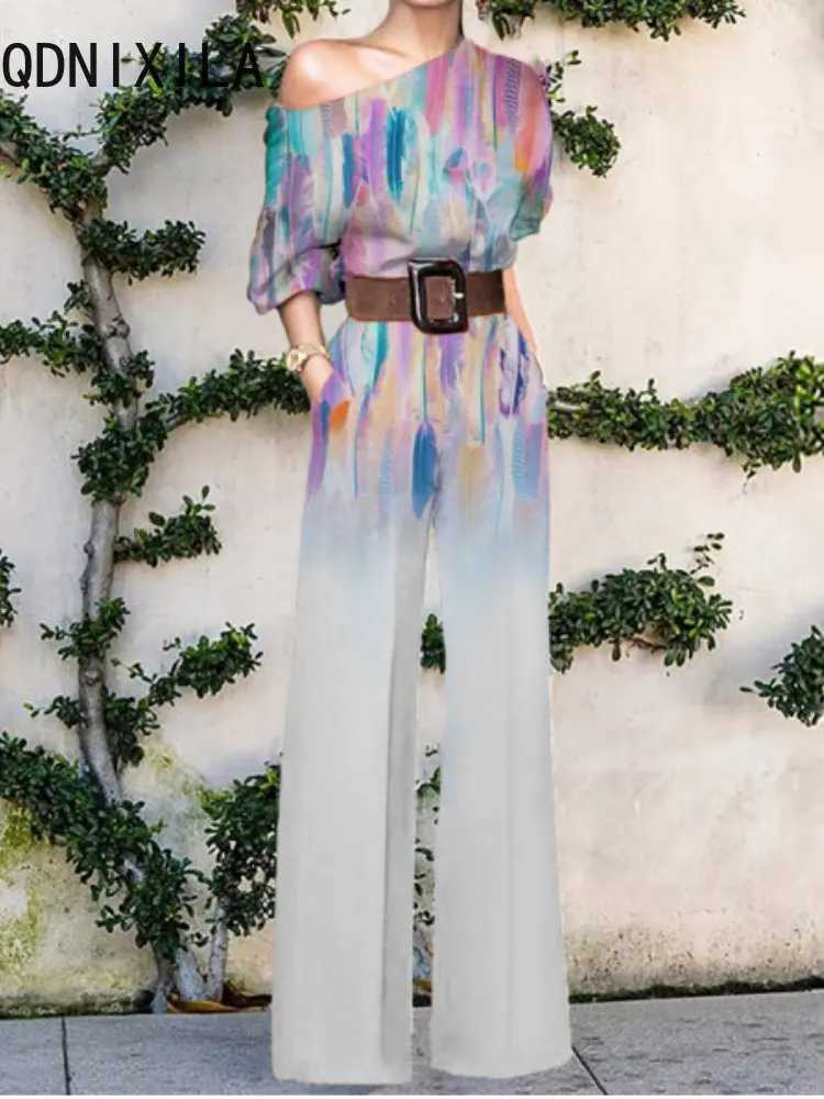 New womens jumpsuit elegant office ladies loose wide leg pants tight fitting clothes collar floral print Swt womens jumpsuit X250318