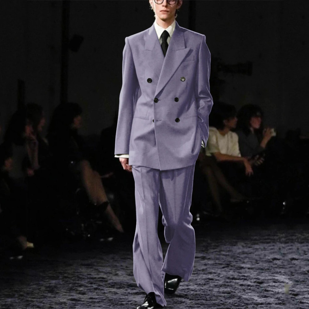 Smart Causal Grey Suit For Men Double Breasted Lapel Loose 2 Piece Jacket Pants Office Daily Prom Terno Masculinos Completo 250224