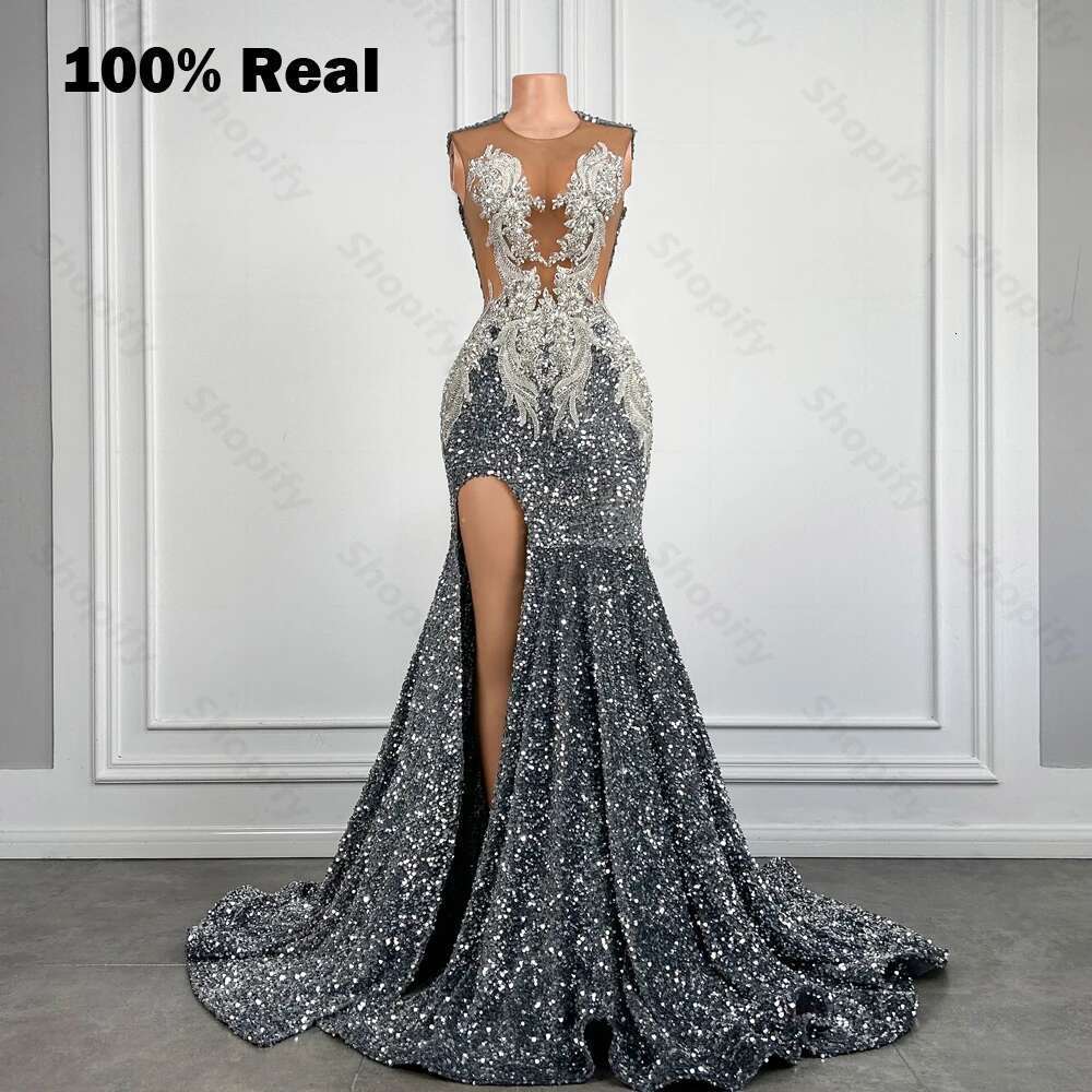Sier Mermaid Prom Dresses For Black Girls Sparkly Long Sequin Crystals Birthday Party Gowns With High Slit Customized Dr0318
