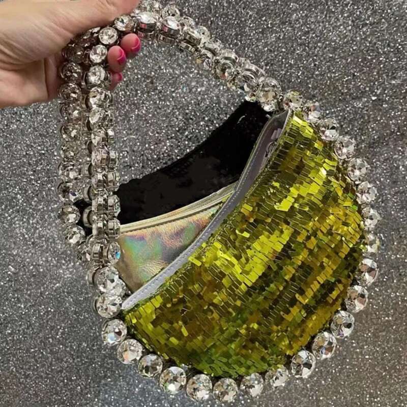 Half Moon Rhies Sequin Bag Designer Purses For Women 2023 New Fashion Shiny Dia Handbags Evening Party Bags