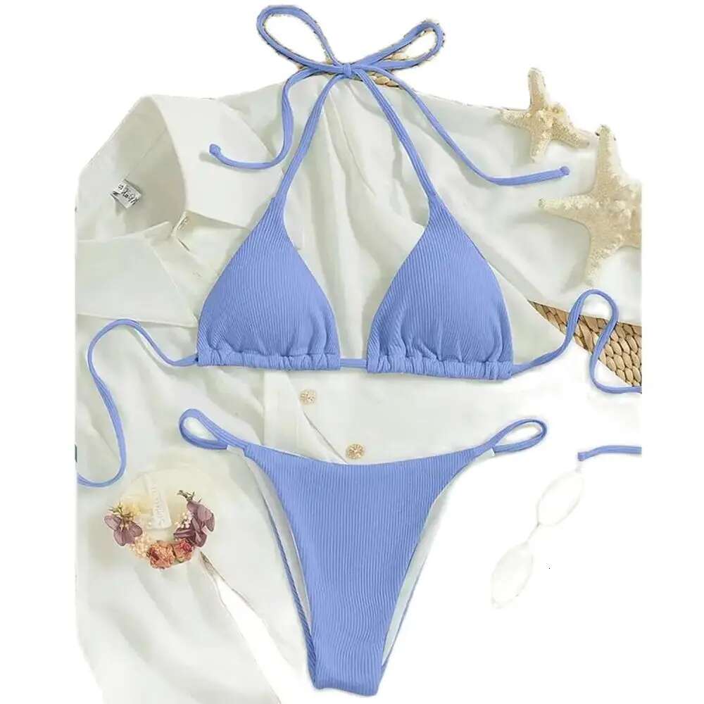 2025 Special Pit Stripe Fabric Bikini Set for Women Sexy Simple Solid Strap Bikini Swimsuit High Waist Strap Beach Swimsuit
