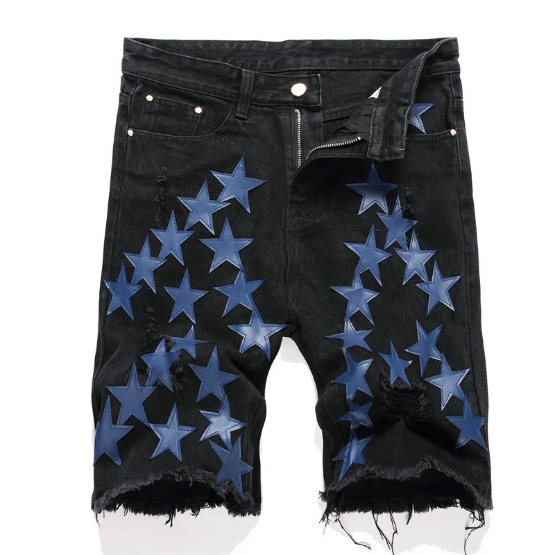Summer Hip Hop High Street Pentagram ed open top denim shorts suitable for men fashion s thin and loose casual 250317