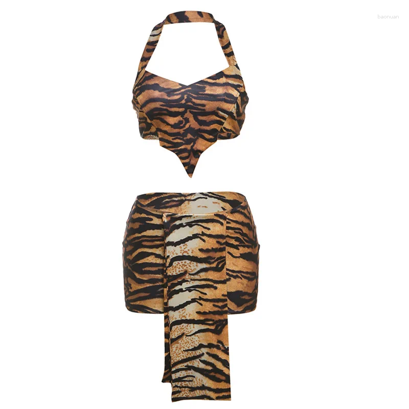 Womens Tracksuits HLJ Sexy Leopard Print Two Piece Set For Women Halter Deep V-neck Crop Top And Bodycon Skirt Suit Female Streetwear